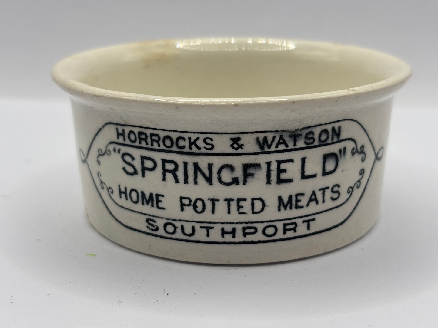Old Springfield advertising meat paste pot, home potted meats