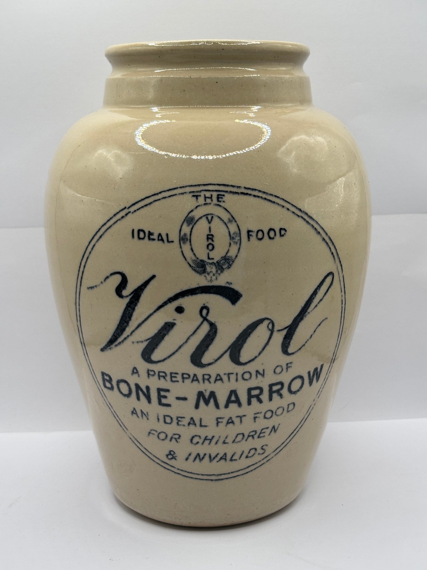 Old large 9 inch stoneware advertising Virol jar