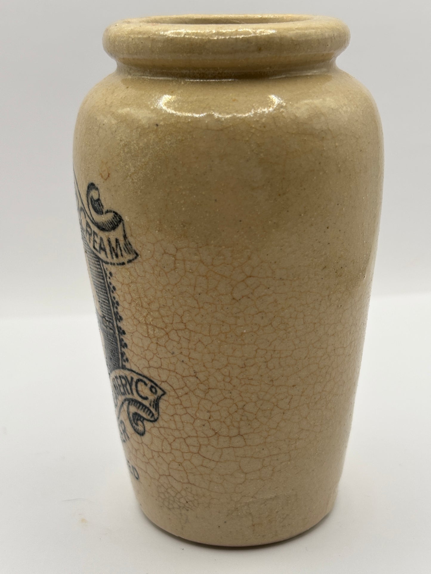 Old advertising cream pot, Rich preserved cream, Stranraer. Stained & crazed