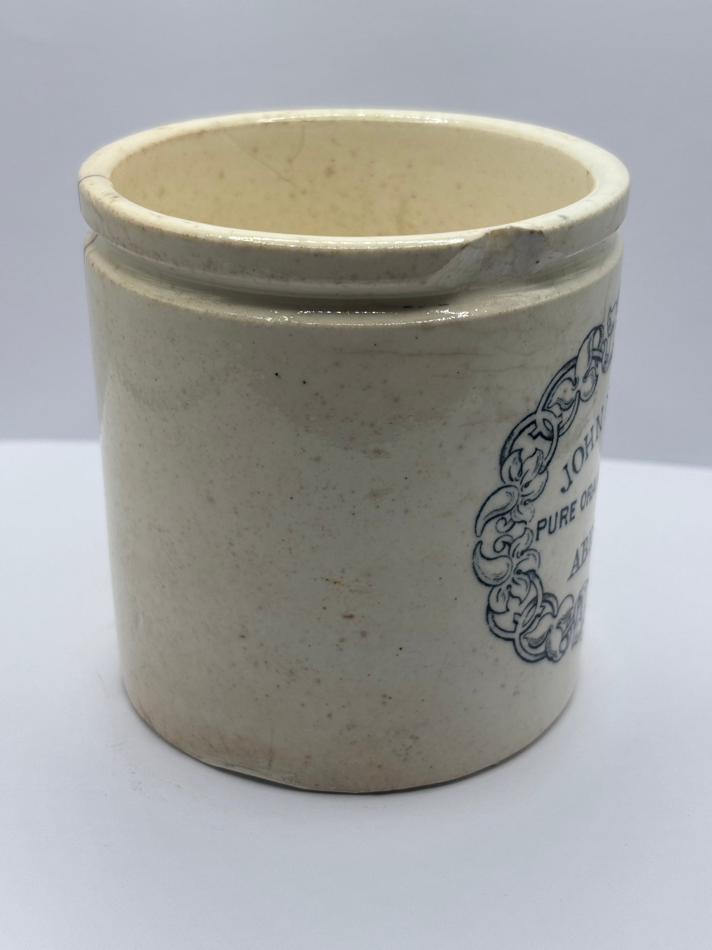 Rare John moir advertising marmalade jar, Pure orange marmalade. Damaged/ repaired