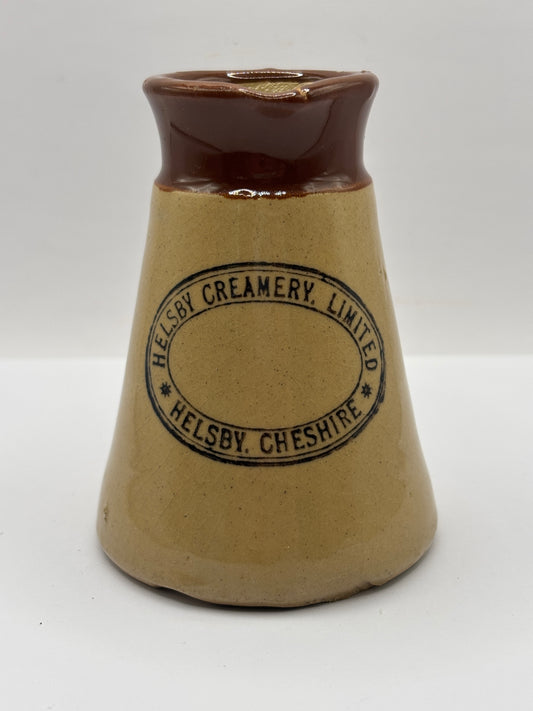 Old stoneware advertising cream pot, Helsby Creamery. Cheshire. Handled