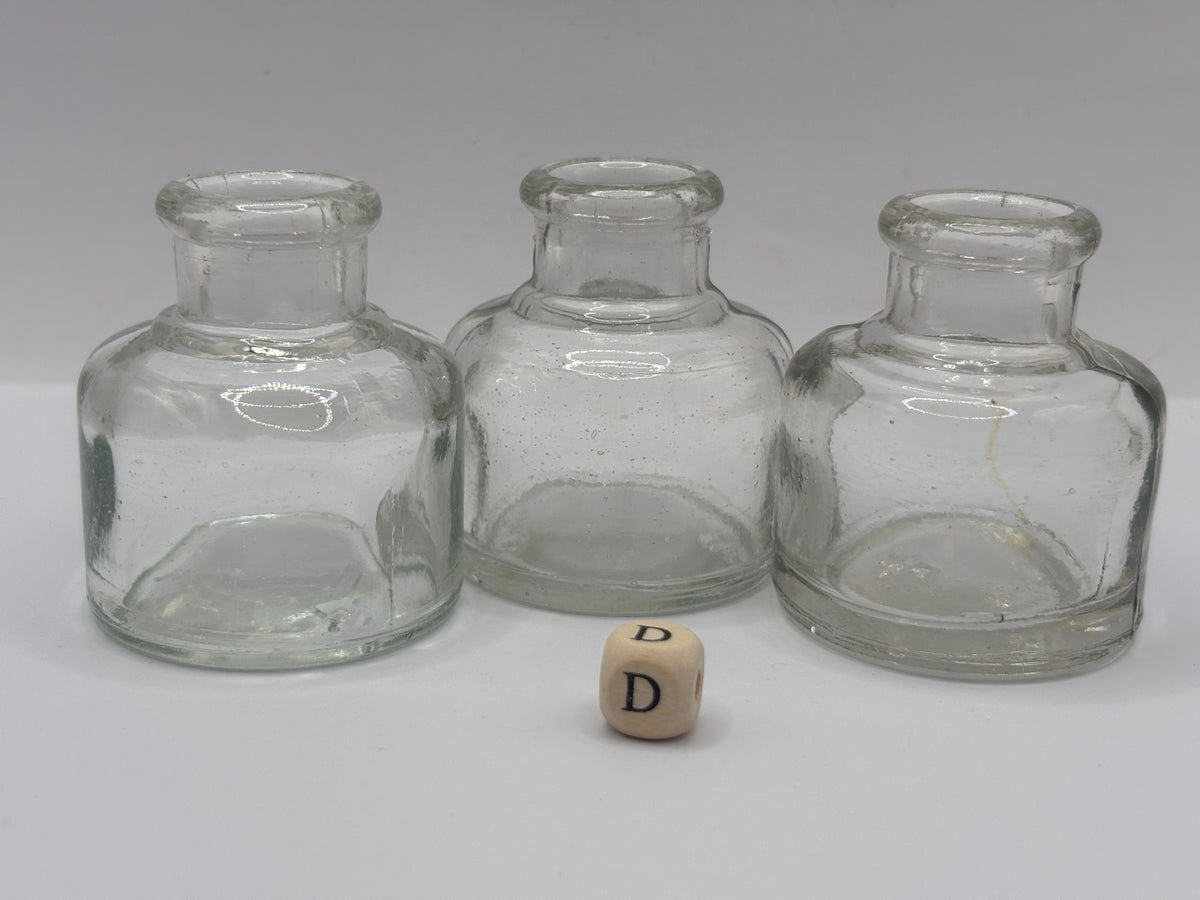 3 old clear glass inkwells, ink bottles (D)
