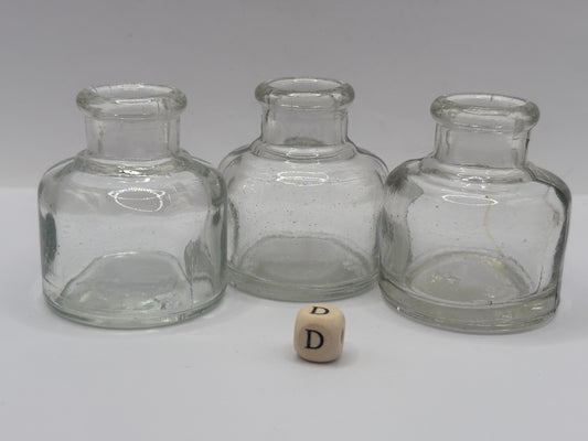 3 old clear glass inkwells, ink bottles (D)