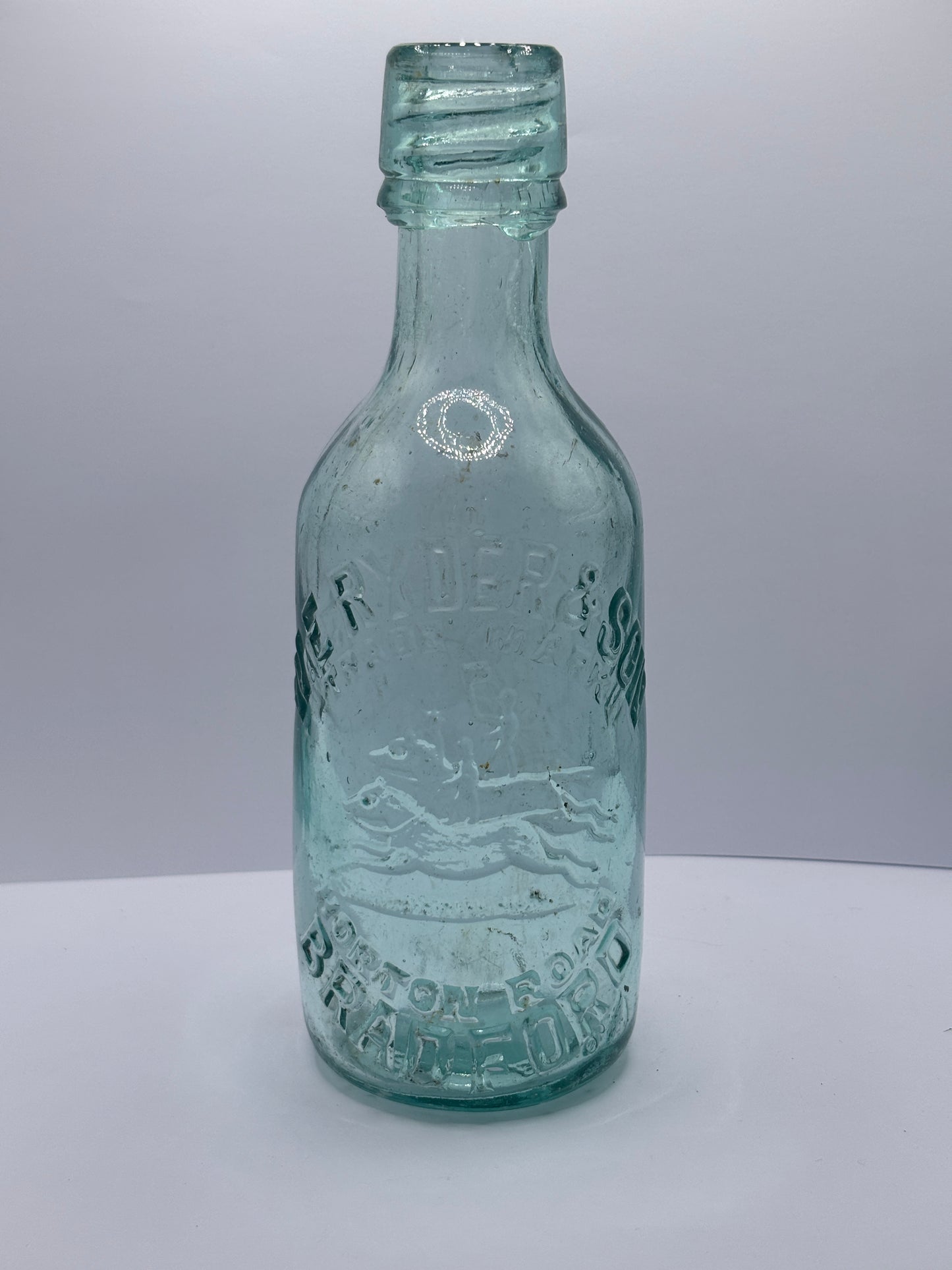 Old aqua glass Bradford beer bottle, Ryder & son