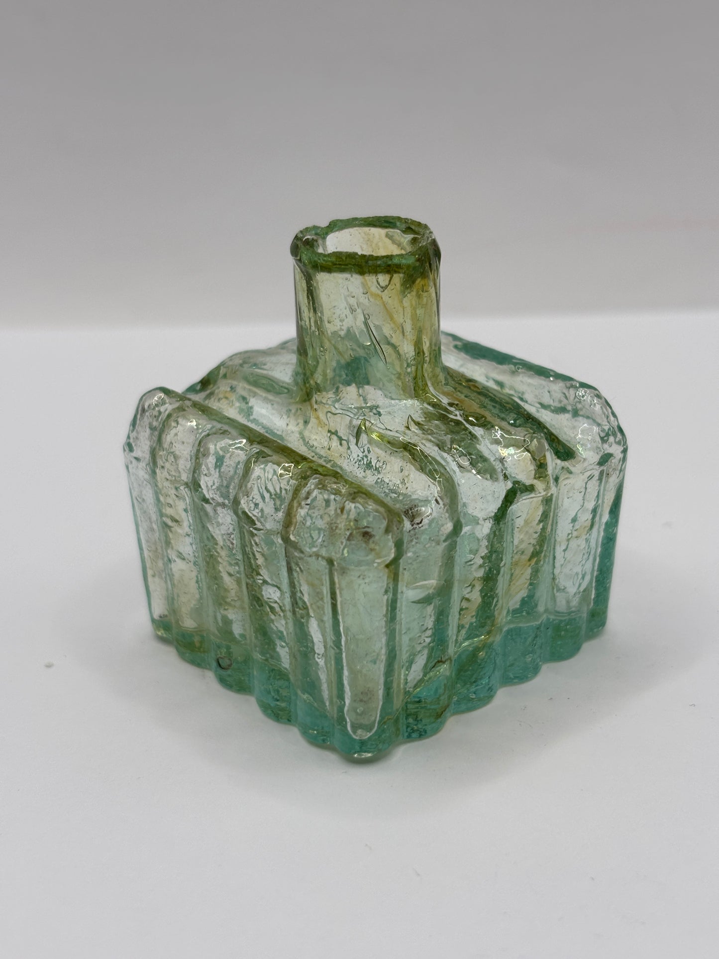 Old aqua glass ribbed ink with swirls
