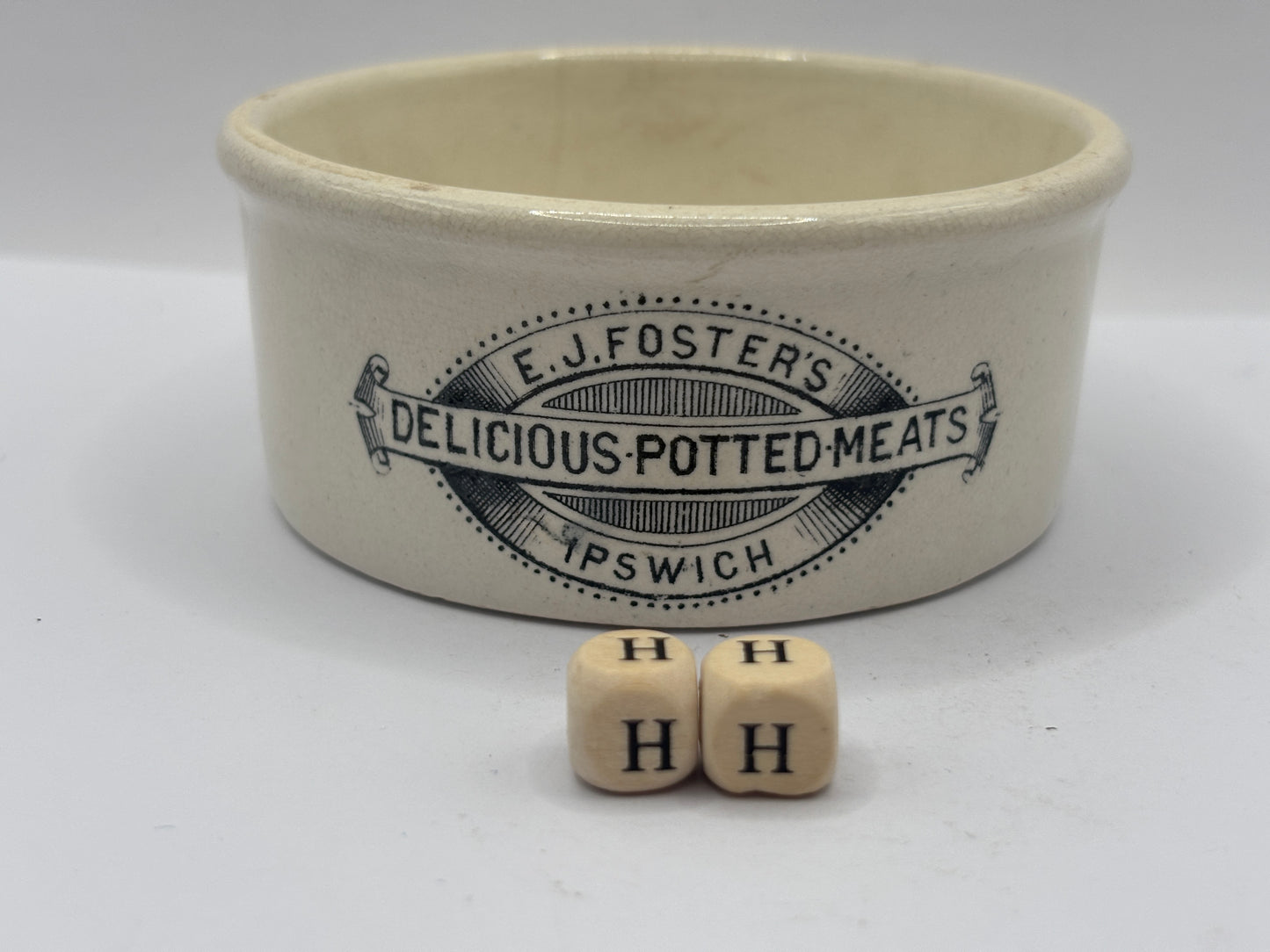 Old advertising meat paste pot, EJ Fosters delicious potted meats Ipswich