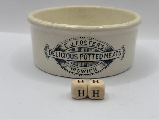 Old advertising meat paste pot, EJ Fosters delicious potted meats Ipswich