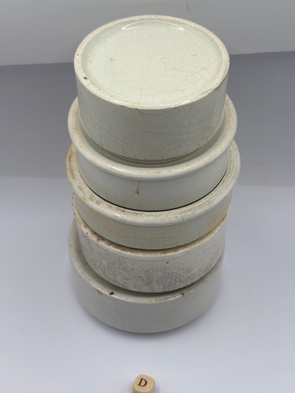 5 old stoneware pot lid bases, stackers (D)