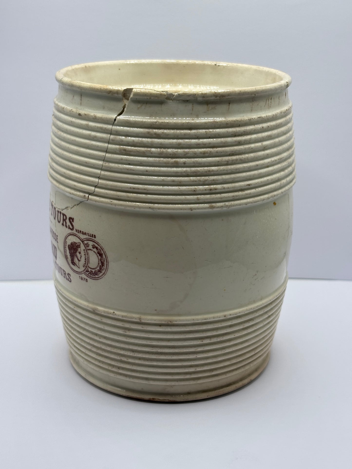 Old french stoneware advertising jar, Rillettes de tours. Damaged