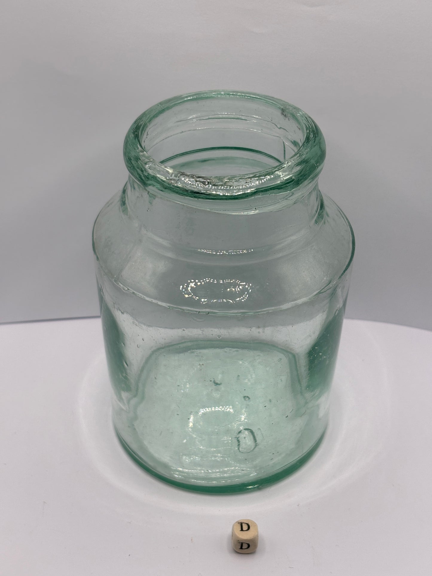 Old aqua glass jam jar (D)