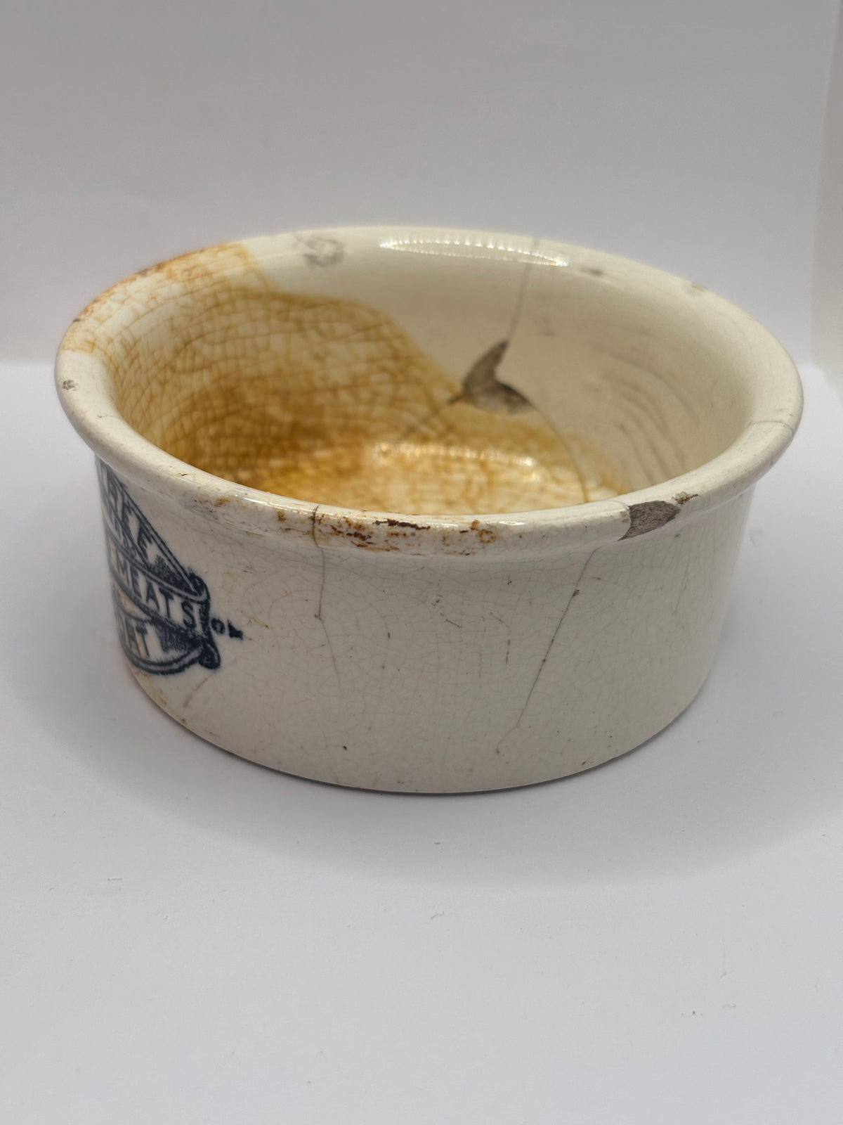 Old advertising meat paste pot, Plumtree home potted meats. Damaged