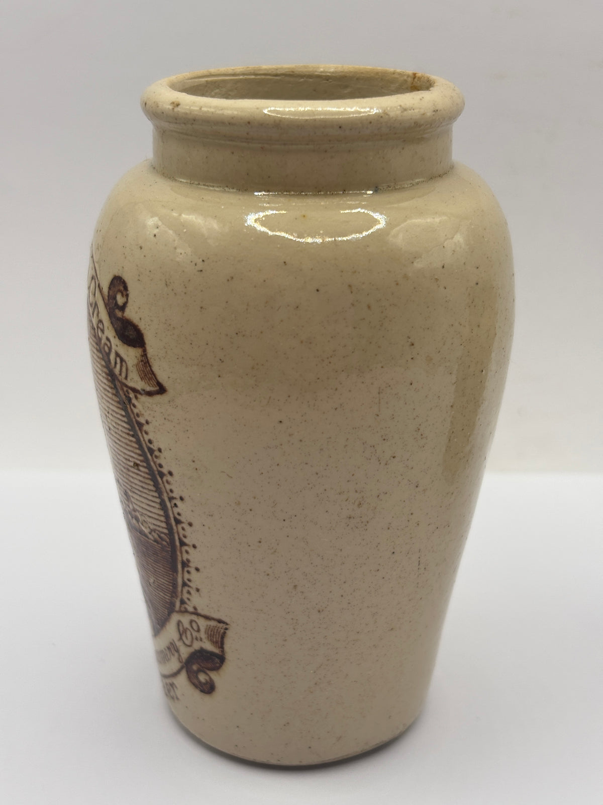 Old advertising cream pot, rich preserved cream stranraer, milkmaid. Serpia print