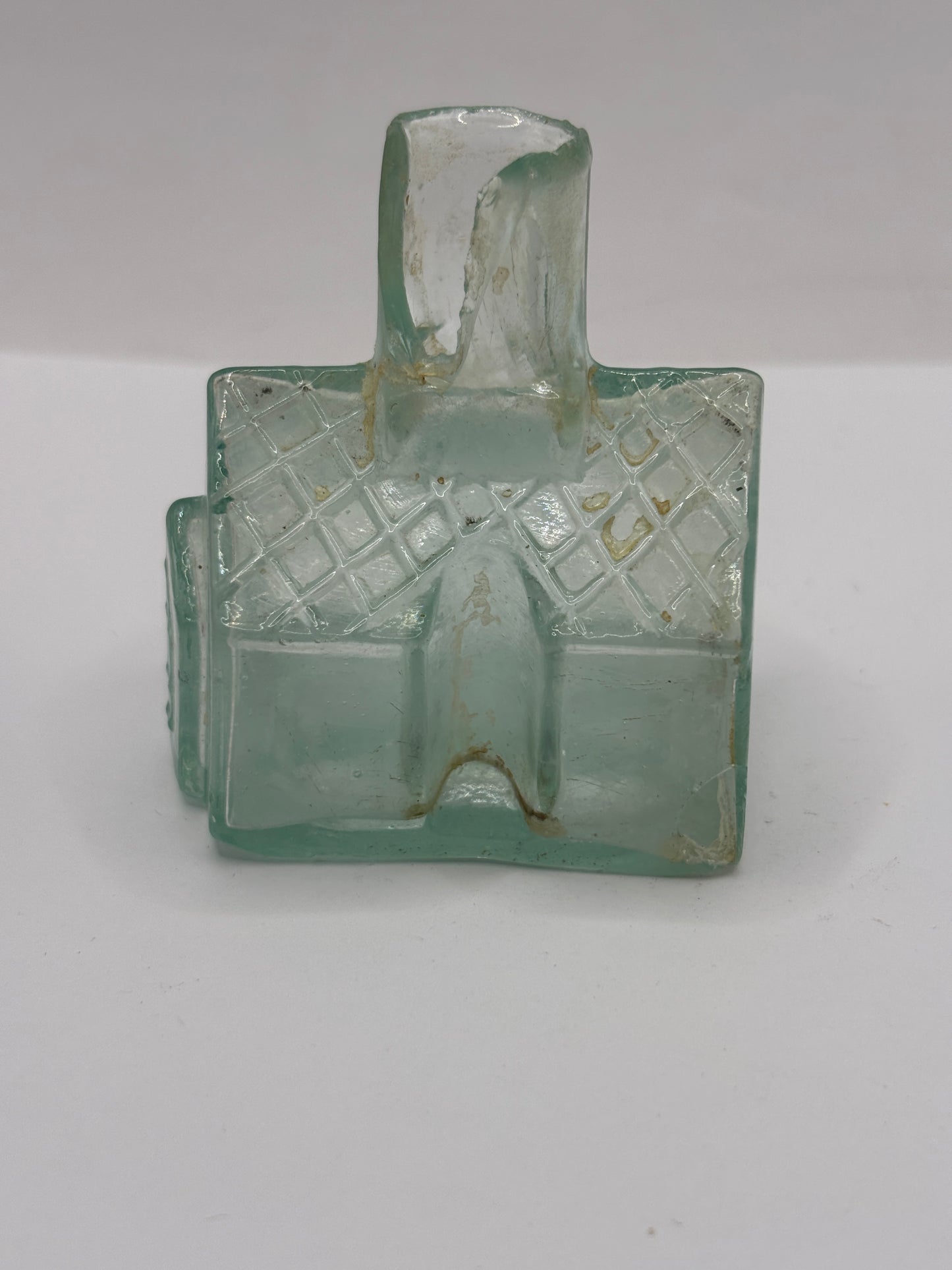Old aqua glass cottage ink, ink bottle. Inkwell (ST) DAMAGED