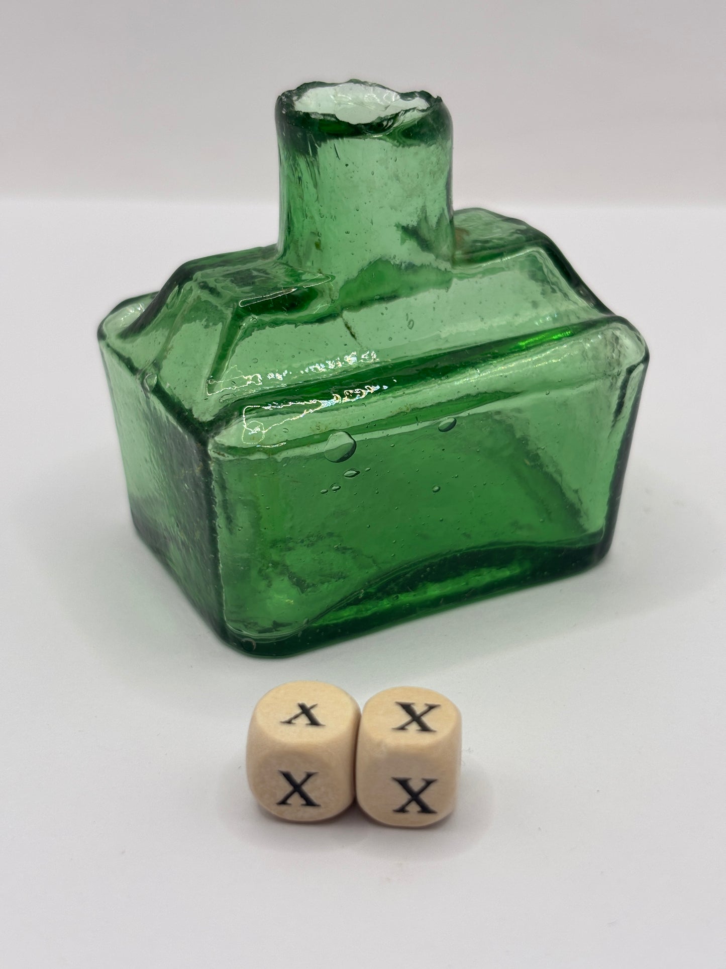 Old green glass boat ink, inkwell (XX)