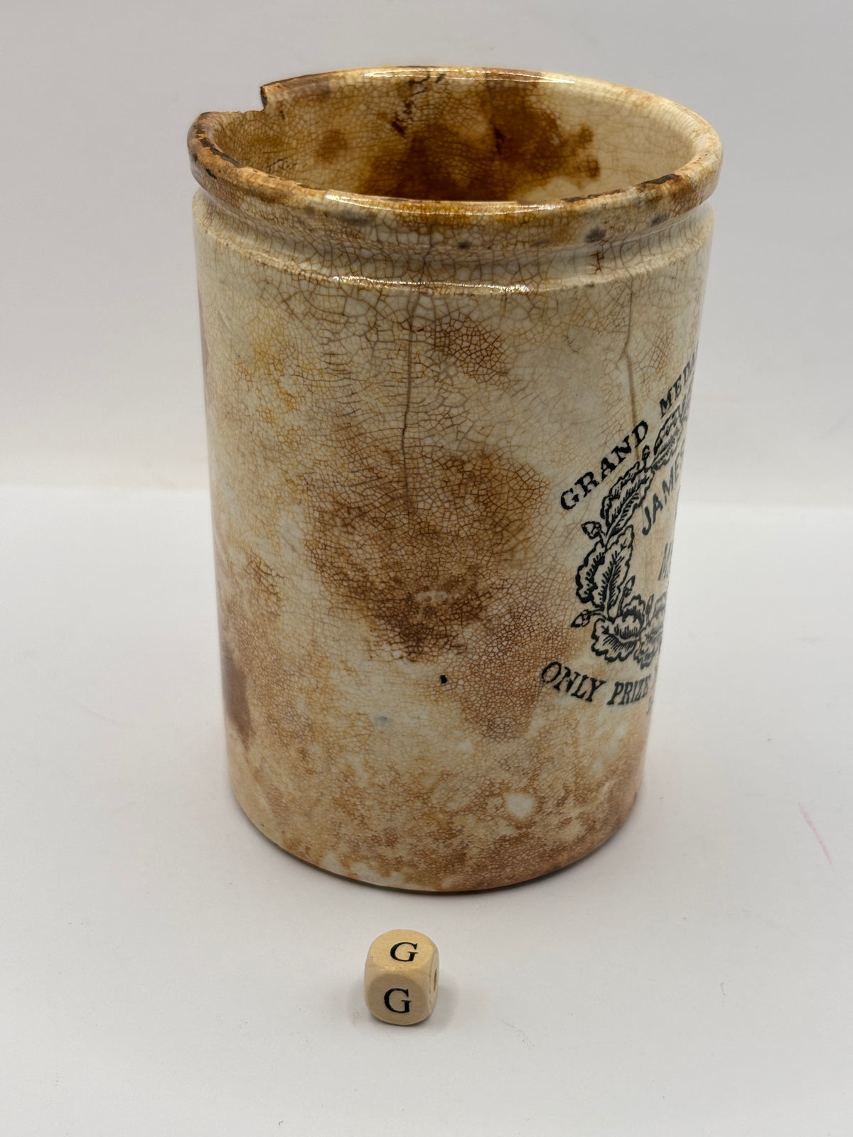 Old 1lb stoneware marmalade pot, James Keiller Dundee marmalade (G)