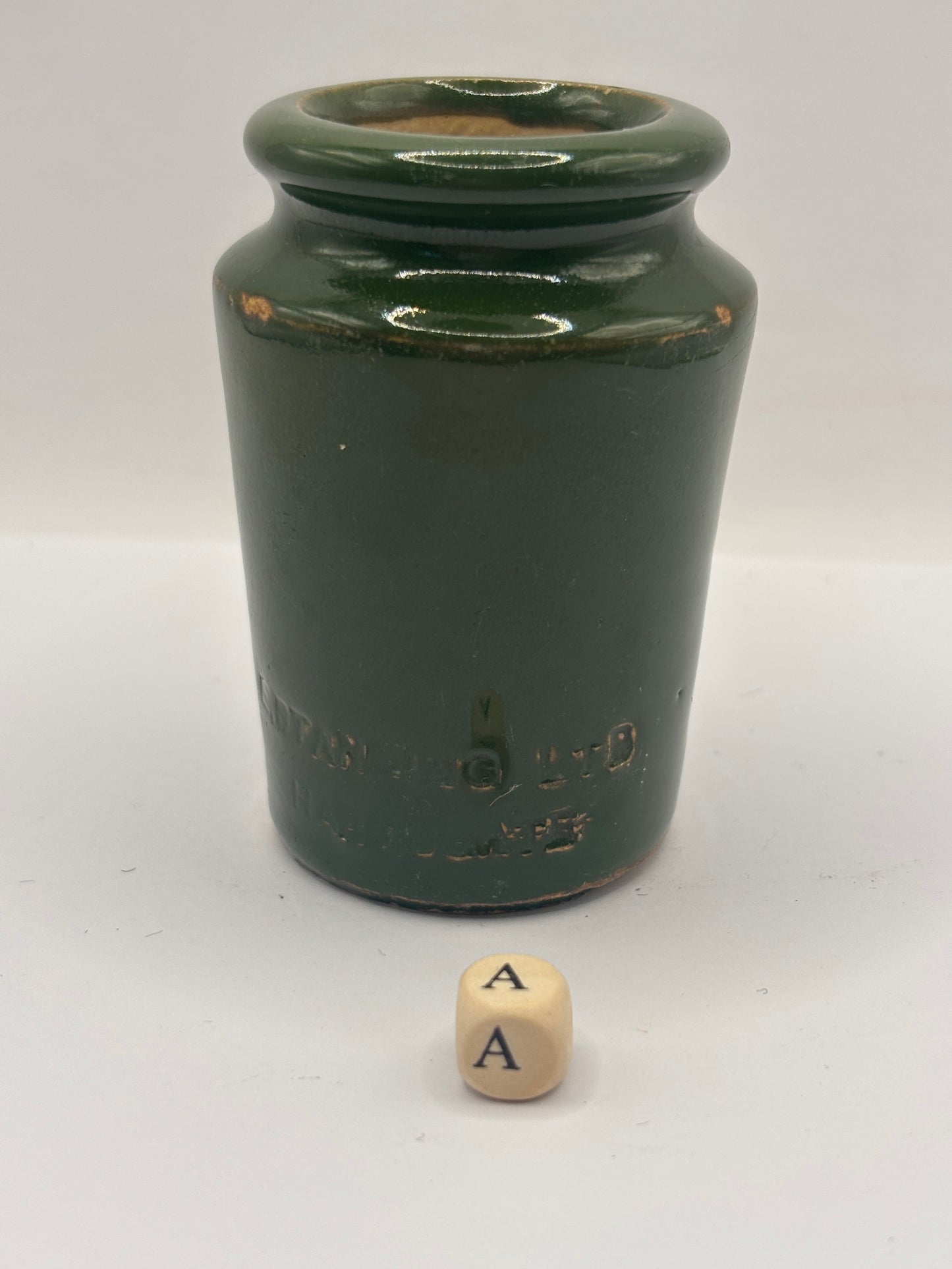 Old green stoneware Harrogate cream pot 7.5cms (a)