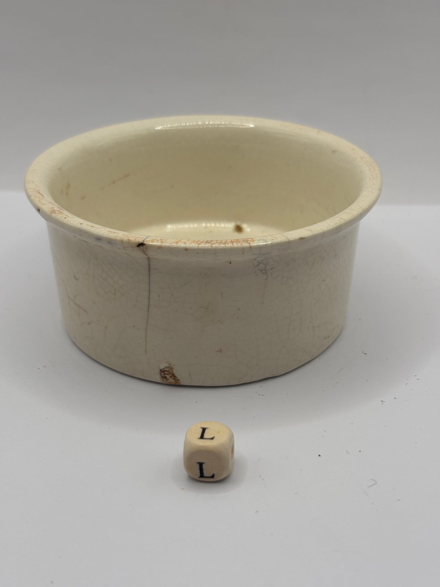 Old advertising meat paste pot, plumtrees (L) hairline