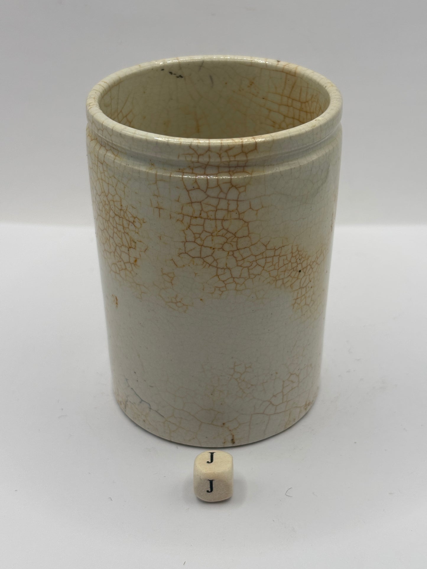 Old stained & crazed stoneware pot (J)