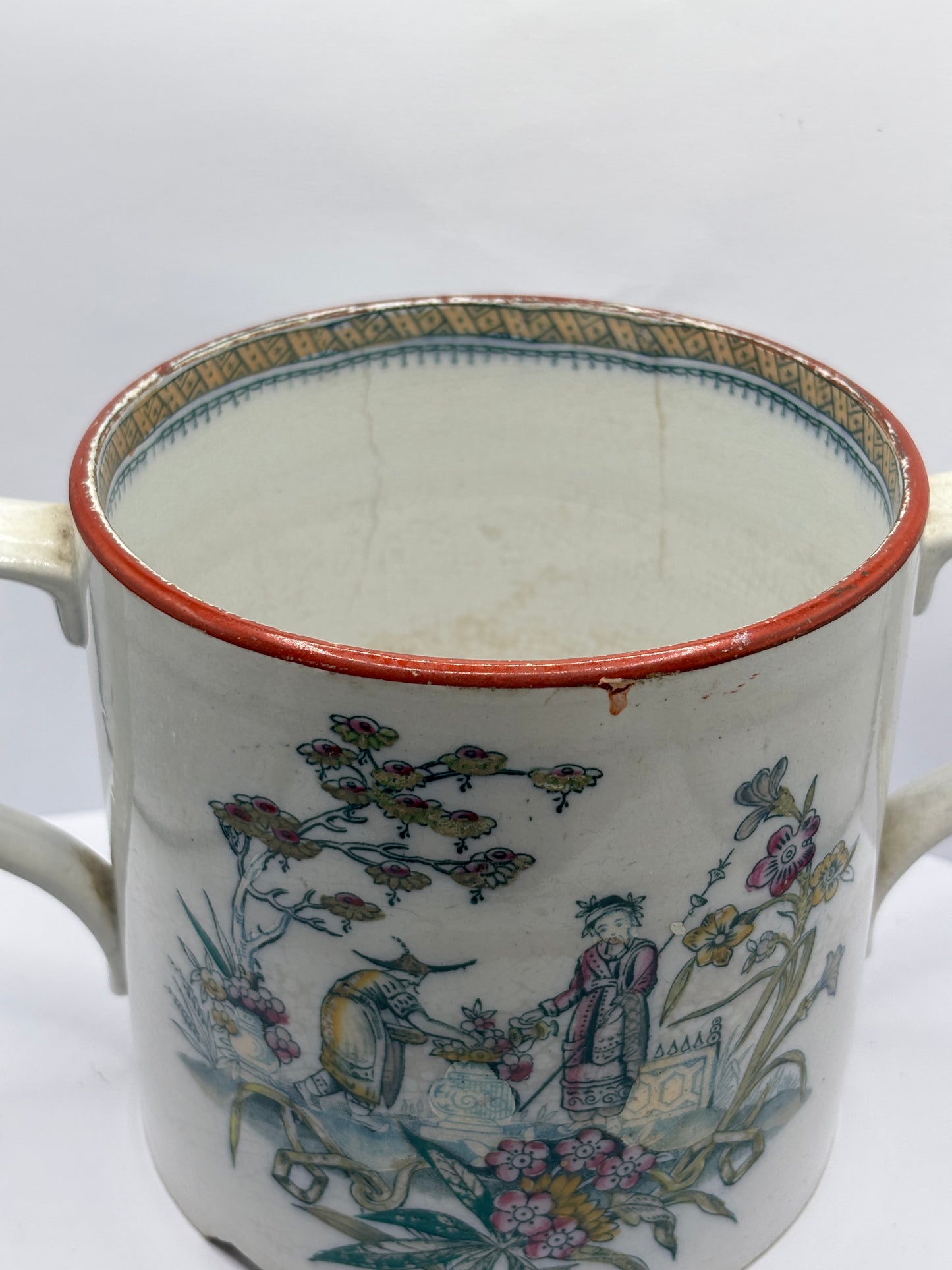 Old 2 handled mug, oriental