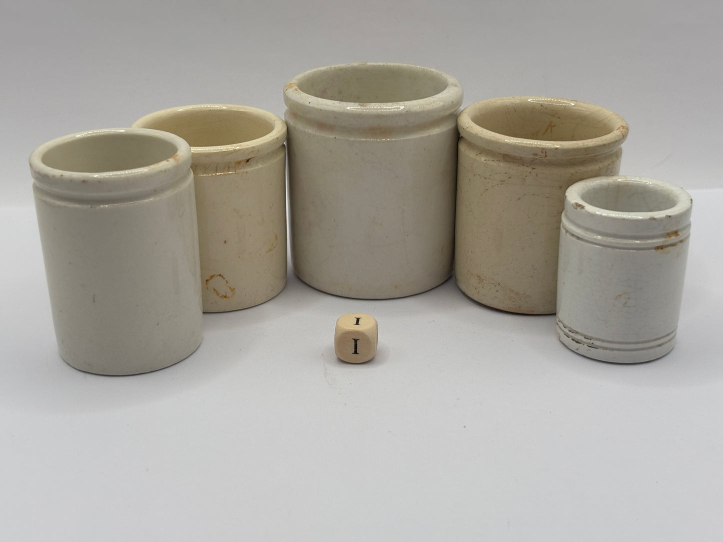 5 old white stoneware jars & pots (i)