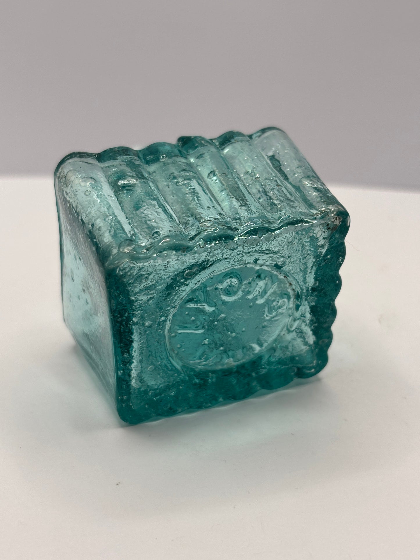 Old Lyons ink, aqua glass ribbed penny ink, inkwell