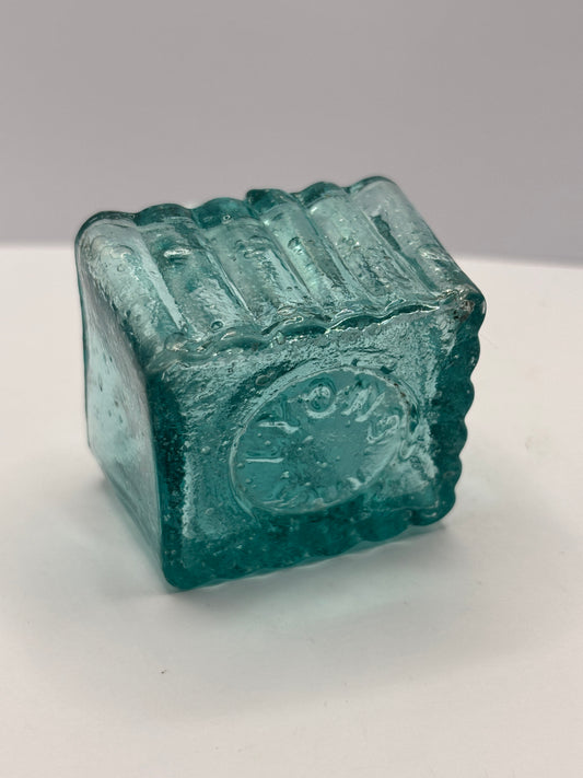 Old Lyons ink, aqua glass ribbed penny ink, inkwell