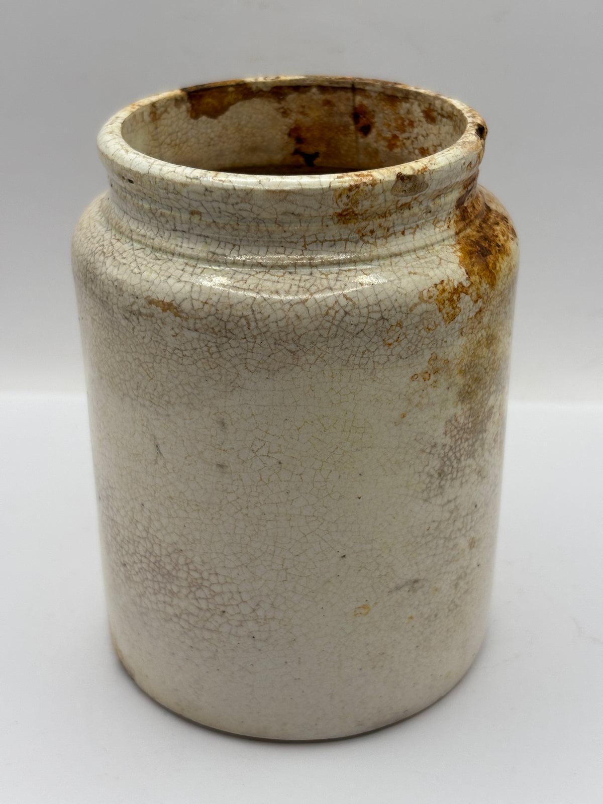 Old 1lb rolled top stoneware jam pot stained & crazed