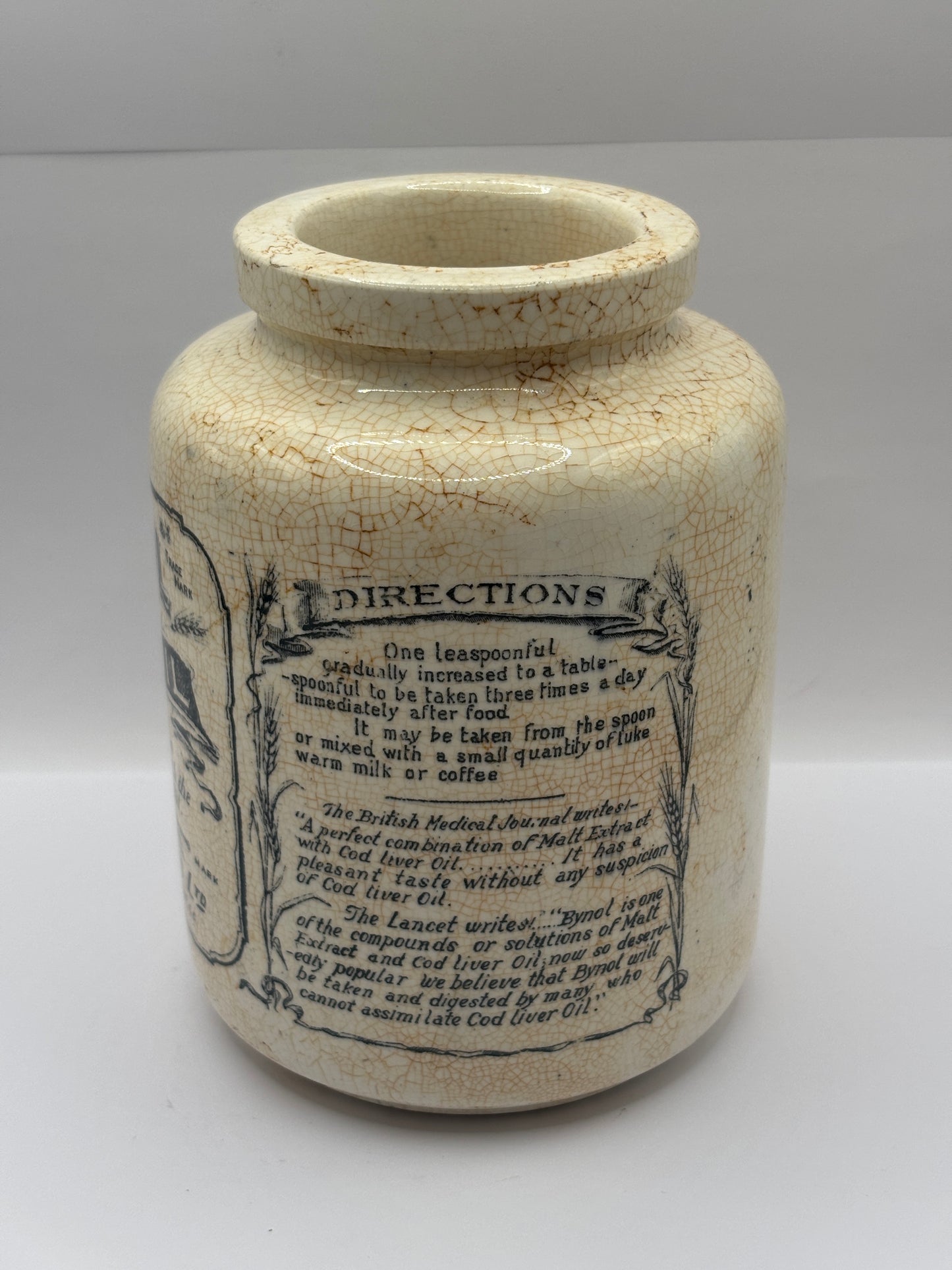 Old advertising jar, Bynol the perfected malt & oil