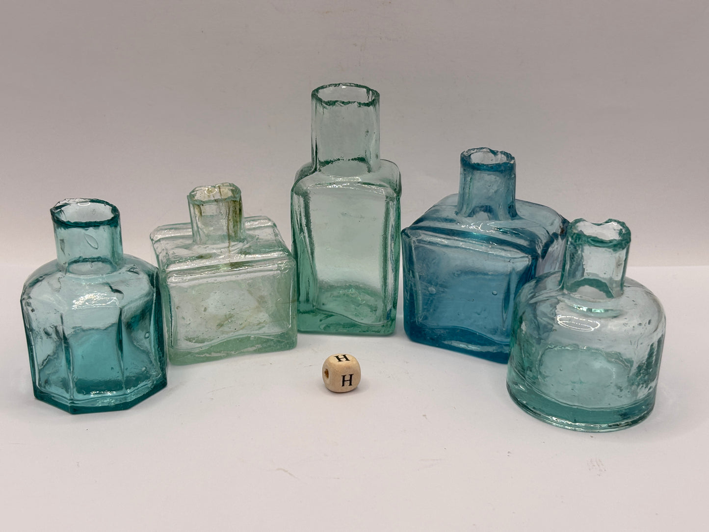 5 old aqua glass inks, inkwells, ink bottles, penny ink (H)