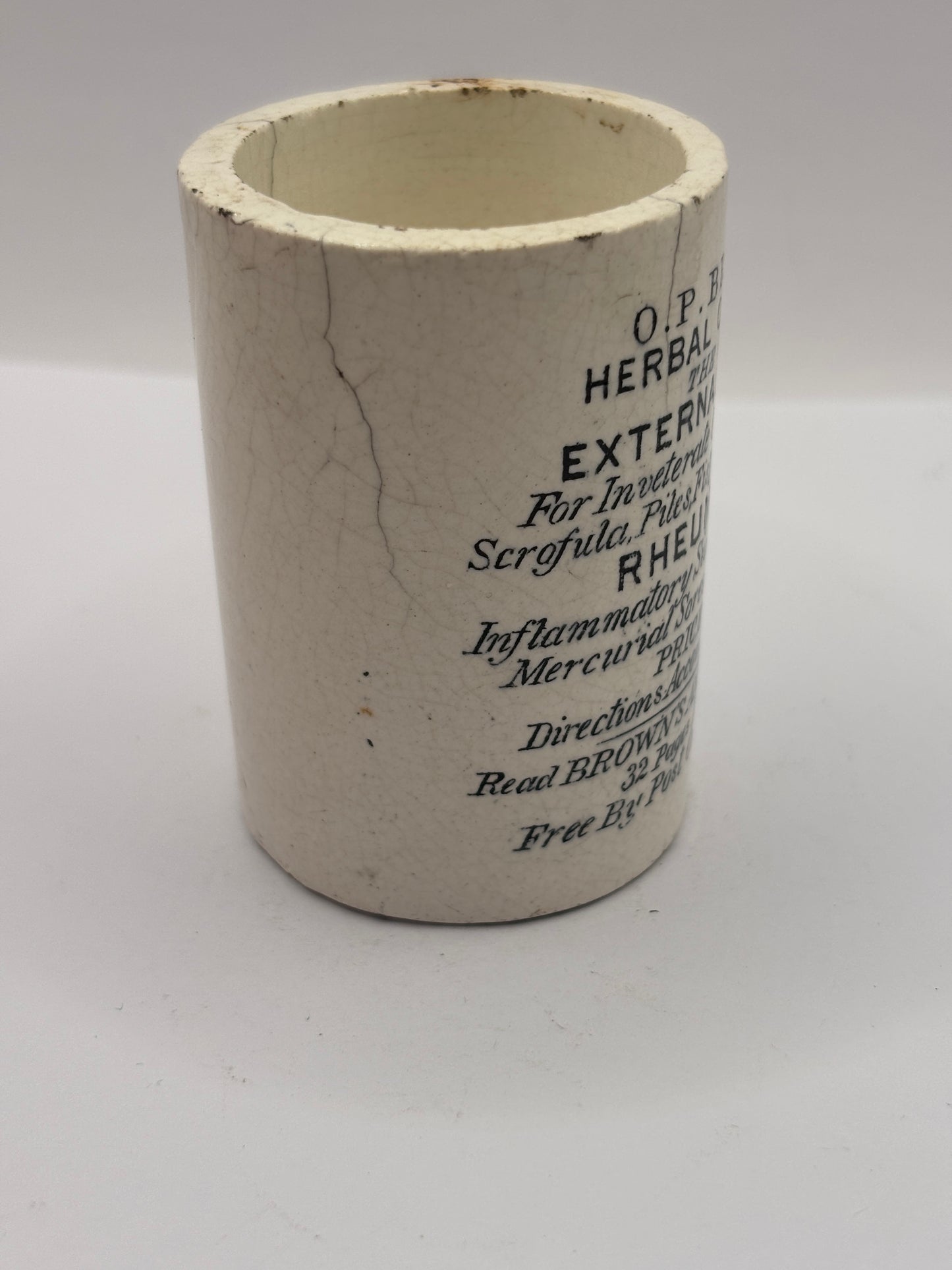 Old advertising ointment pot, OP Browns herbal ointment. The great external remedy