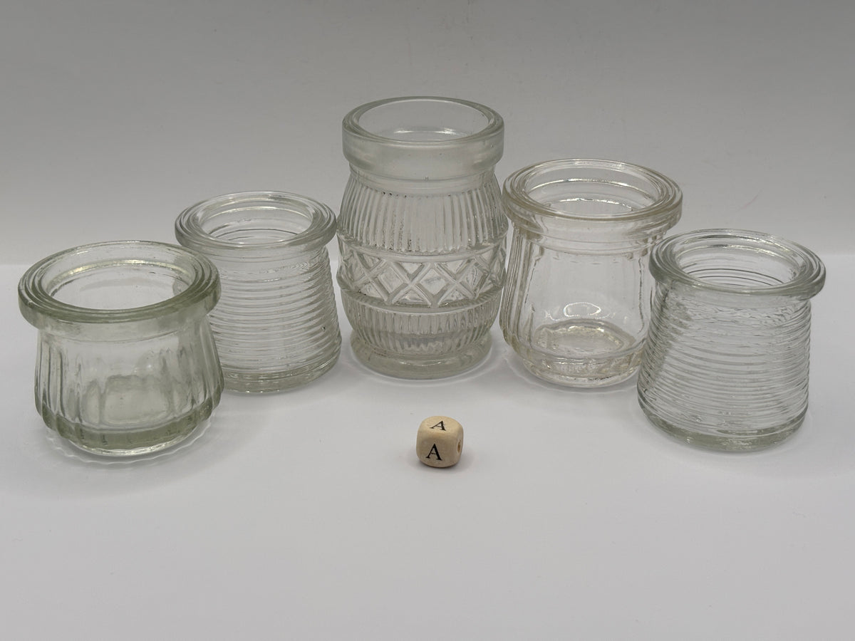 5 old clear glass meat paste jars (a)