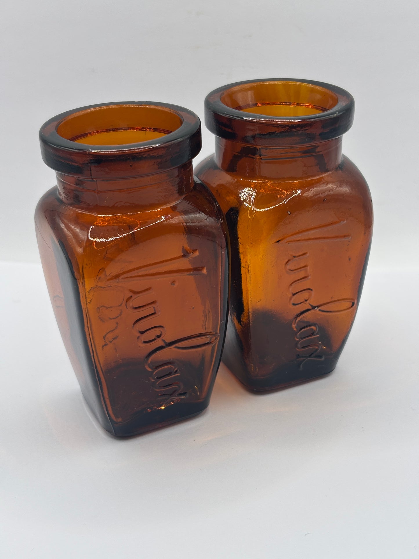 2 old amber glass bottles, Virolax