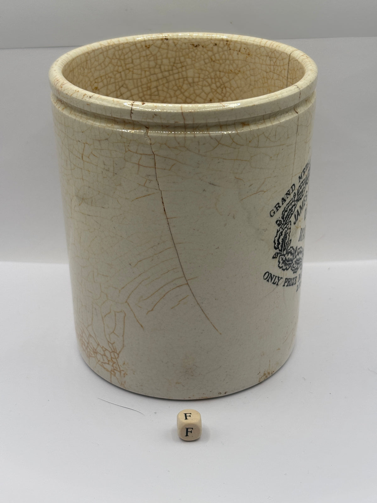 Old large 3lb stoneware marmalade pot, James Keiller Dundee marmalade (F) damaged