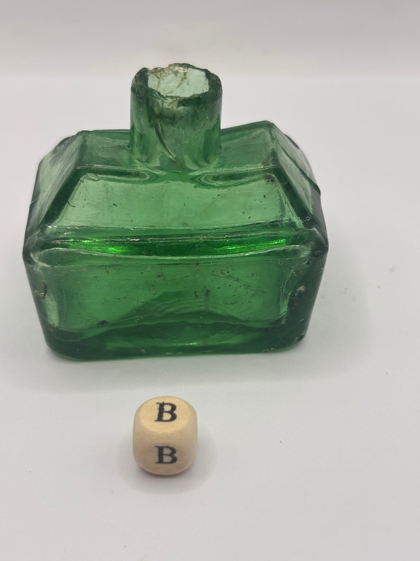 Old green glass boat ink, inkwell (B) small damage