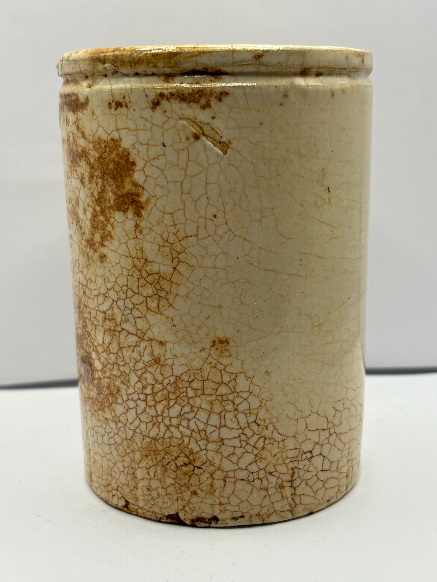 Old stained & crazed stoneware jam pot