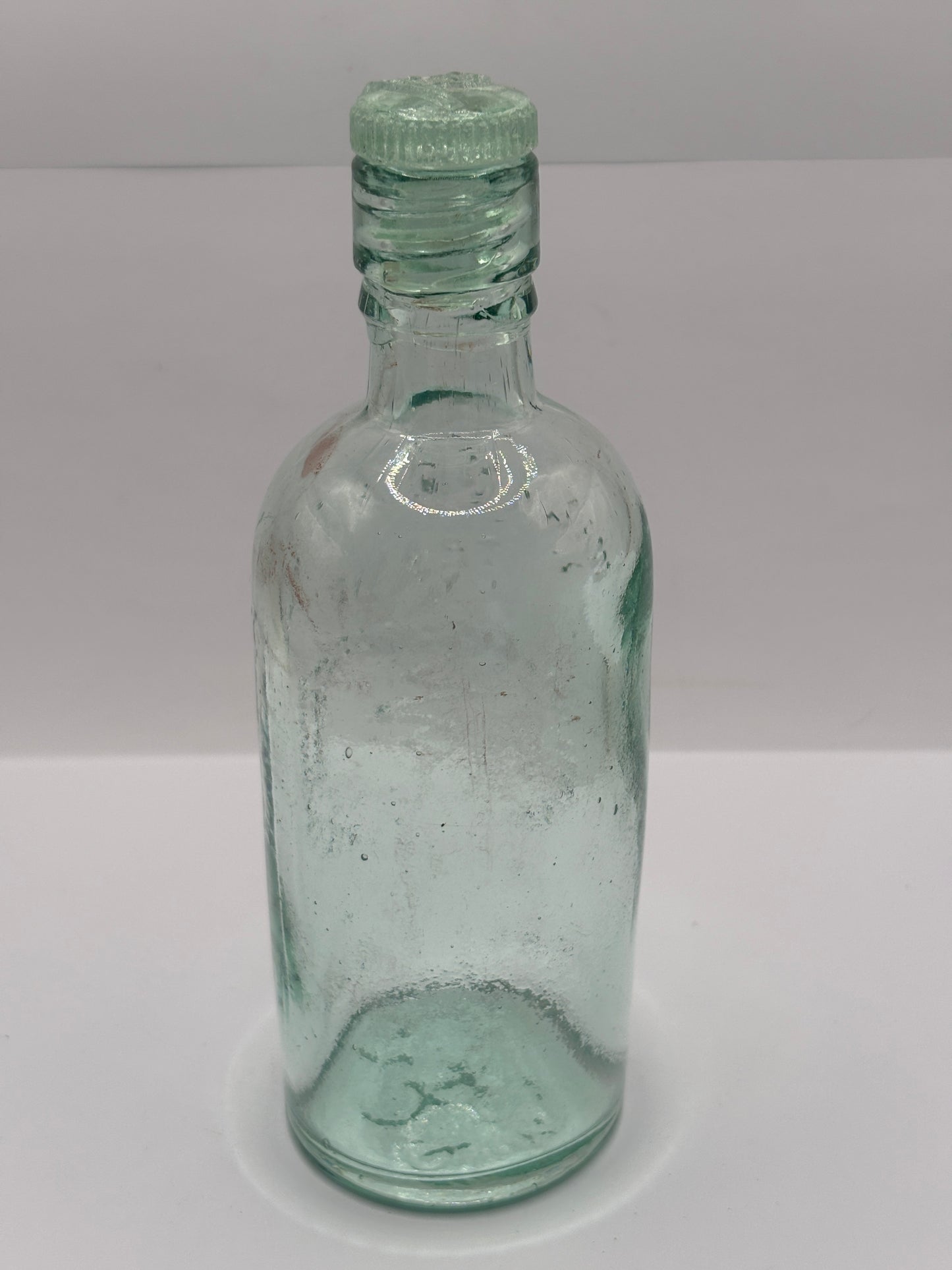 Old aqua glass advertising bottle, Instantaneous plate cleaner, Sheffield
