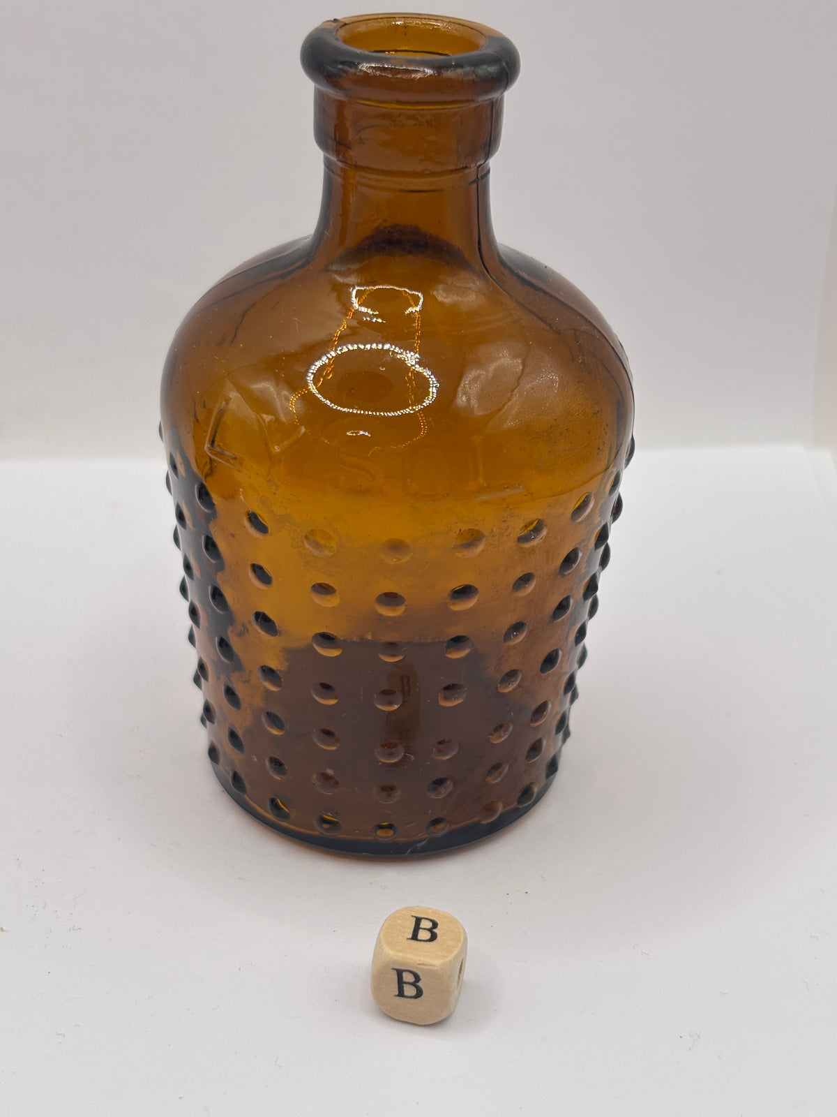 old amber glass Lysol bottle, Not to be taken 9cms Boots all british (B)