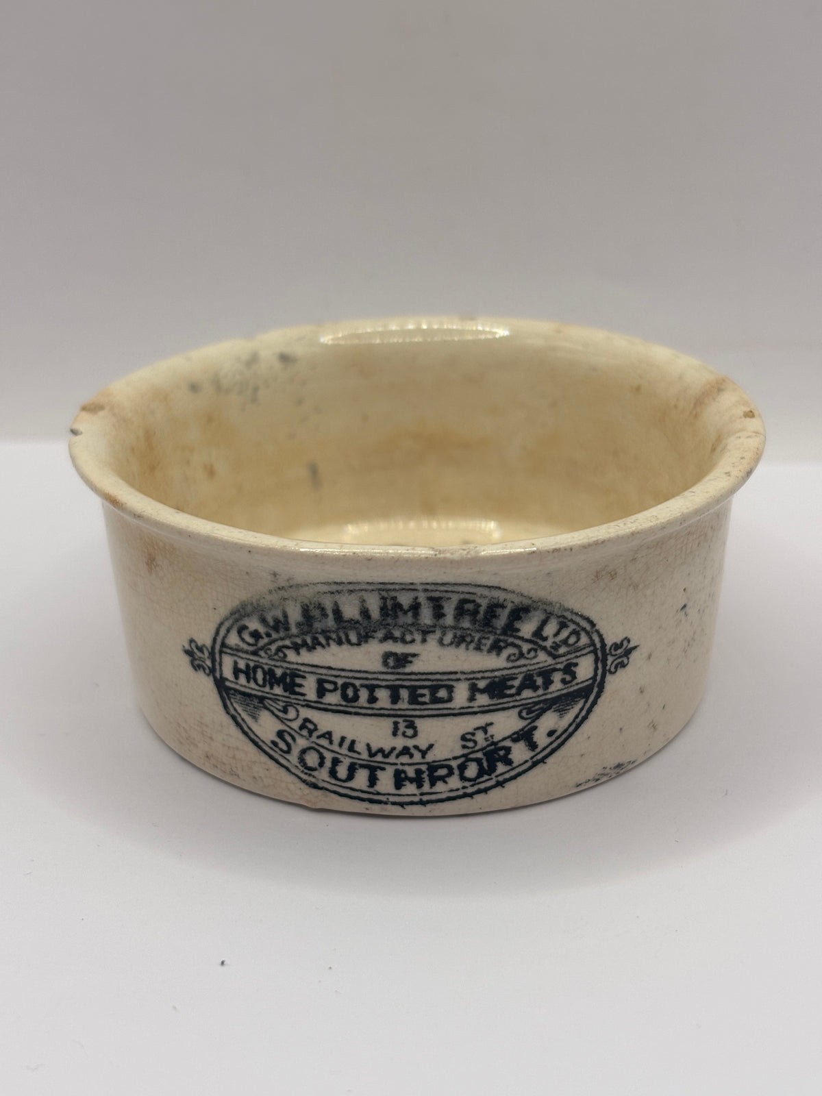Old advertising meat paste pot, Plumtree home potted meats. Chipped