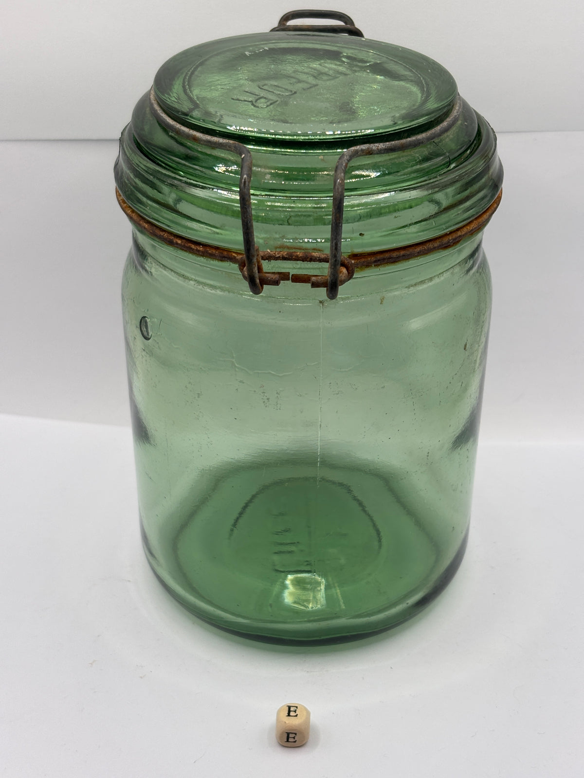 Old French green glass canning jar, Durford (E)
