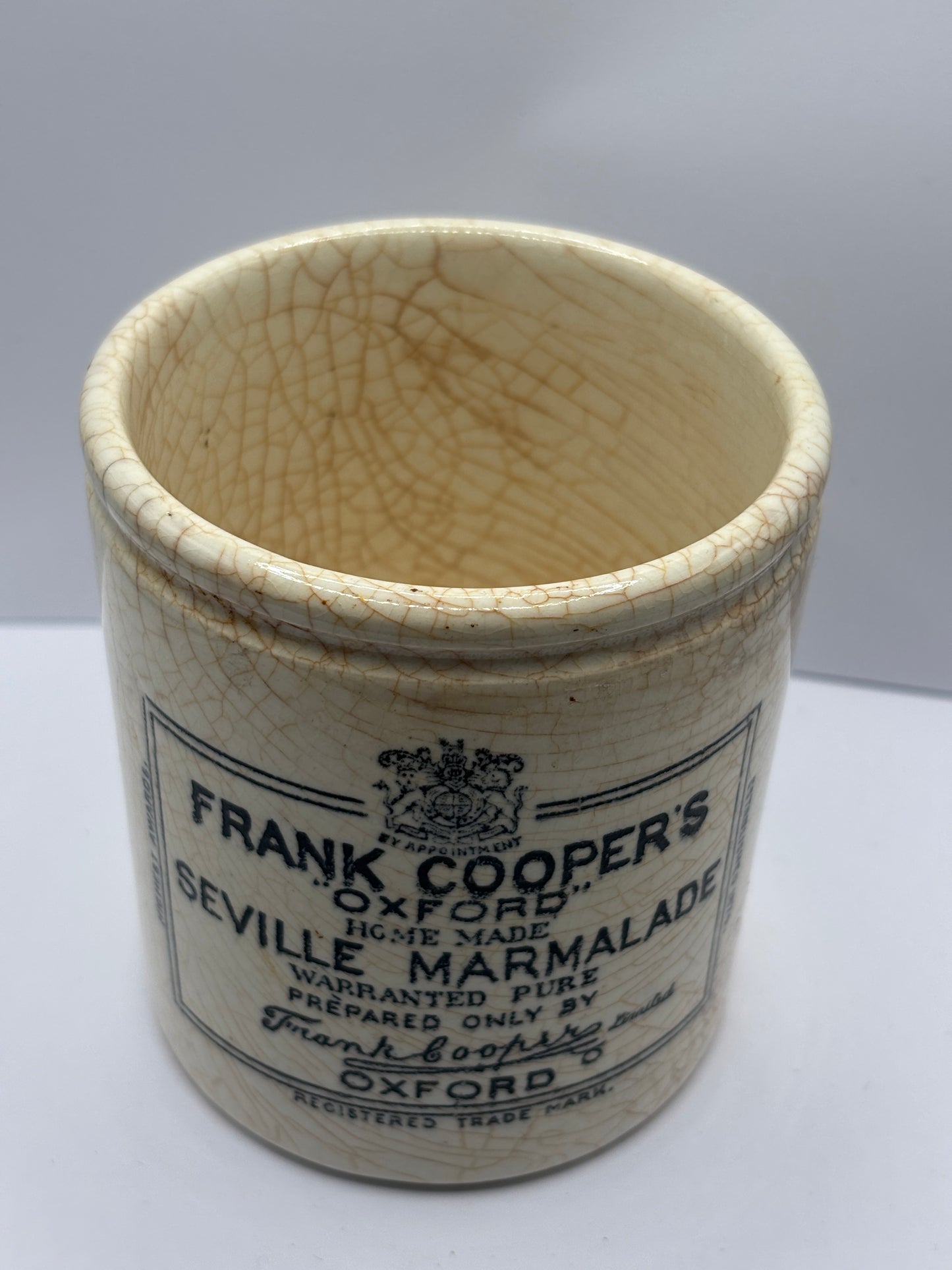 Old 1lb frank cooper marmalade jar, stained & crazed