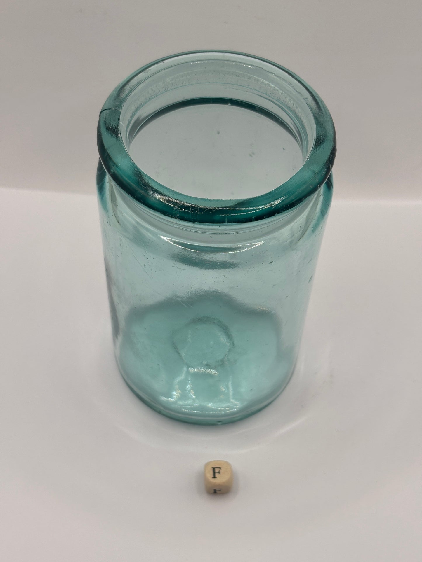Old 1lb aqua glass pickle jar (f)