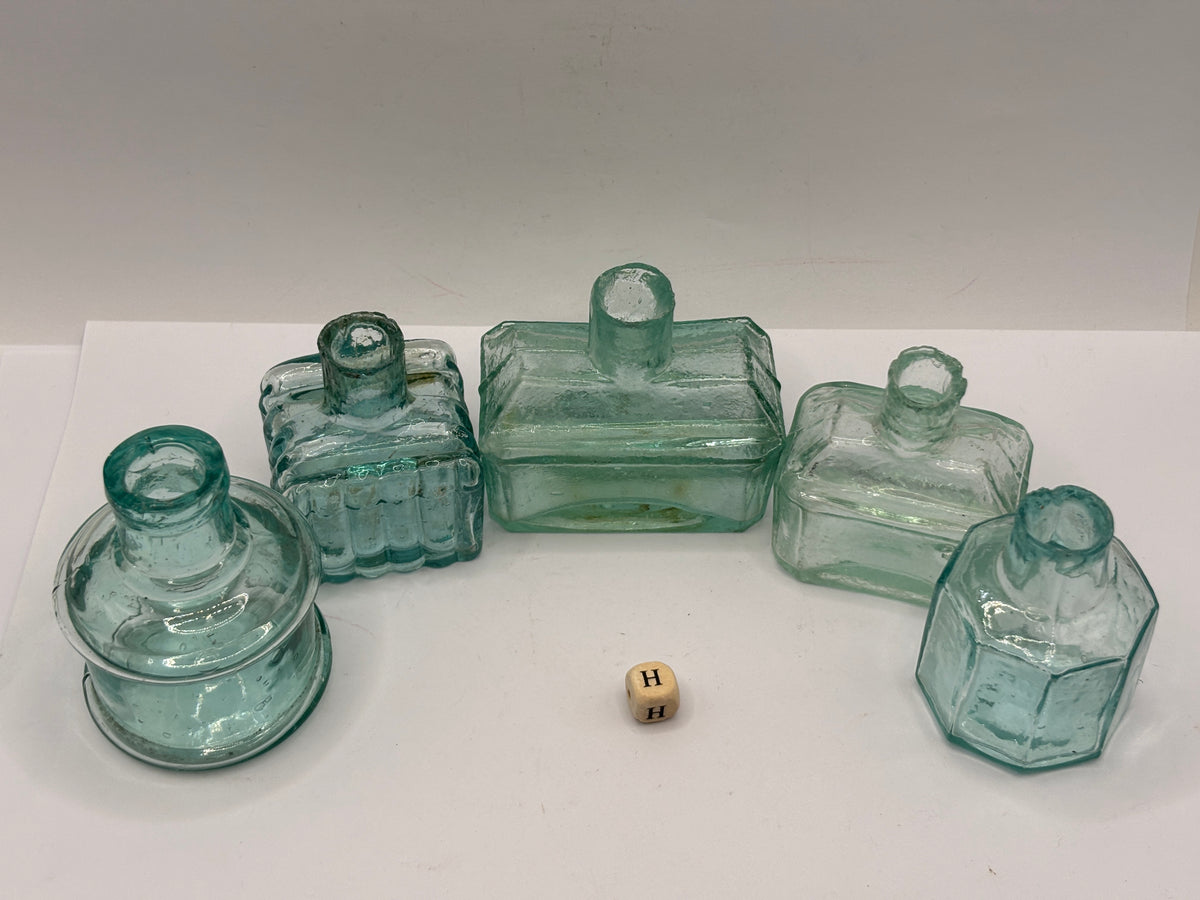 5 old aqua glass inks, inkwells, ink bottles, penny ink (H)