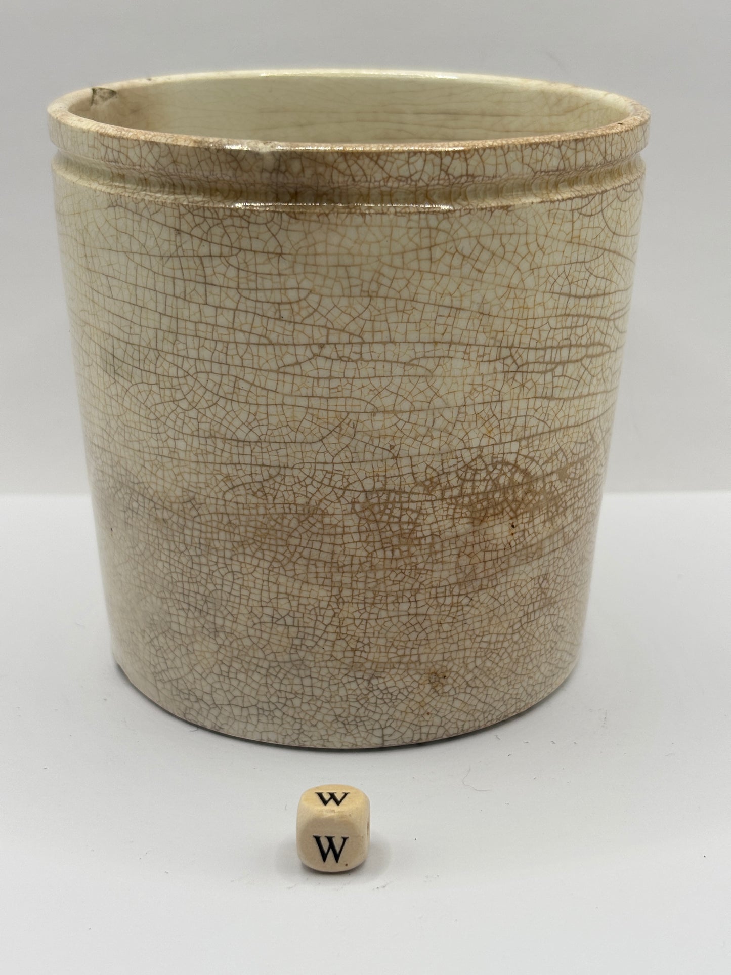 Old plain stoneware marmalade jar, super stained & crazed