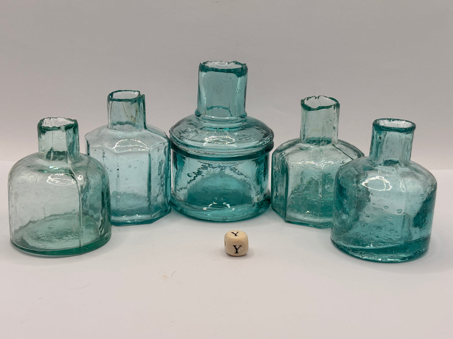 5 old aqua glass inks, inkwells, ink bottles (Y)