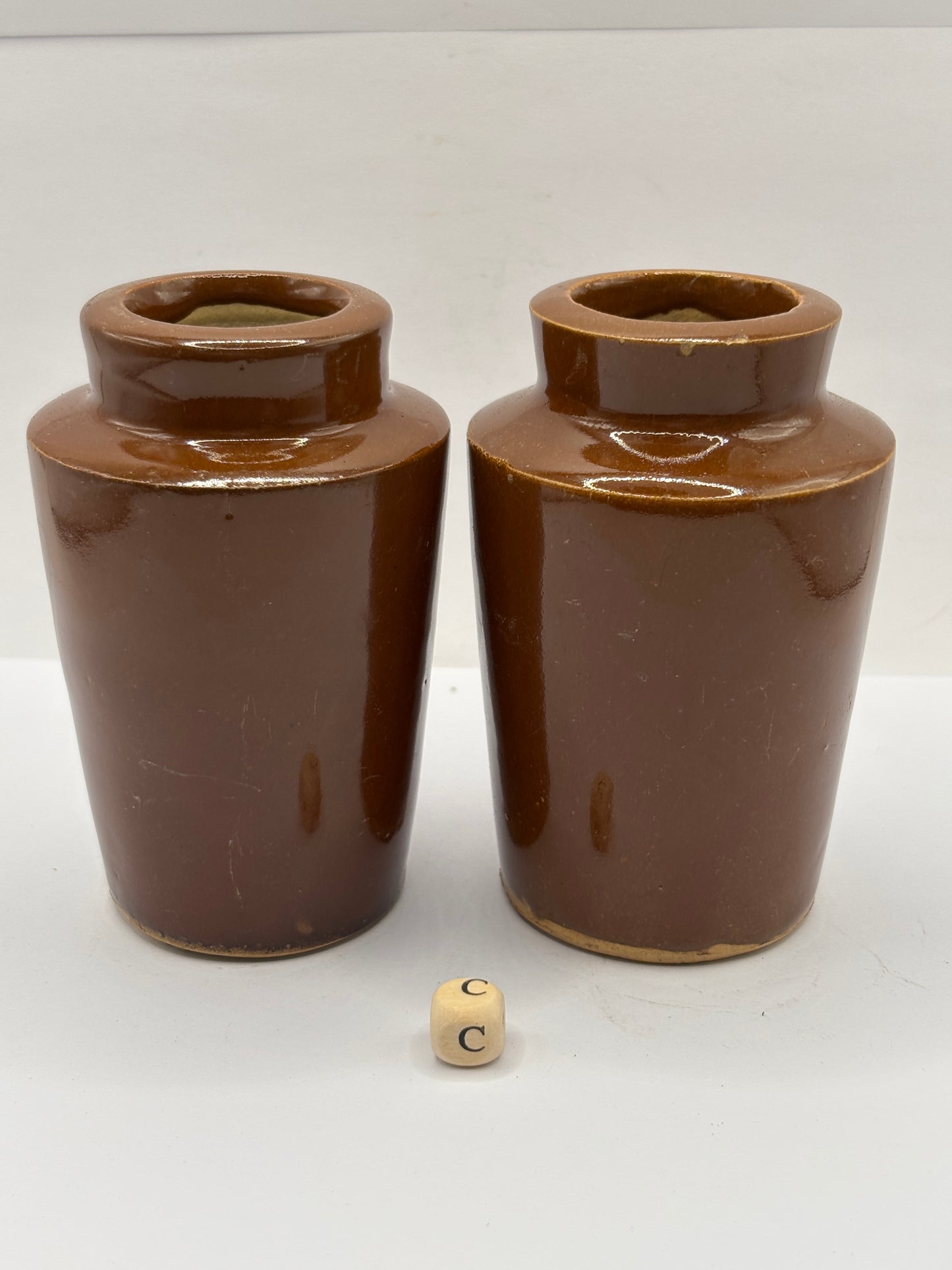 2 old small brown stoneware cream pots (c)