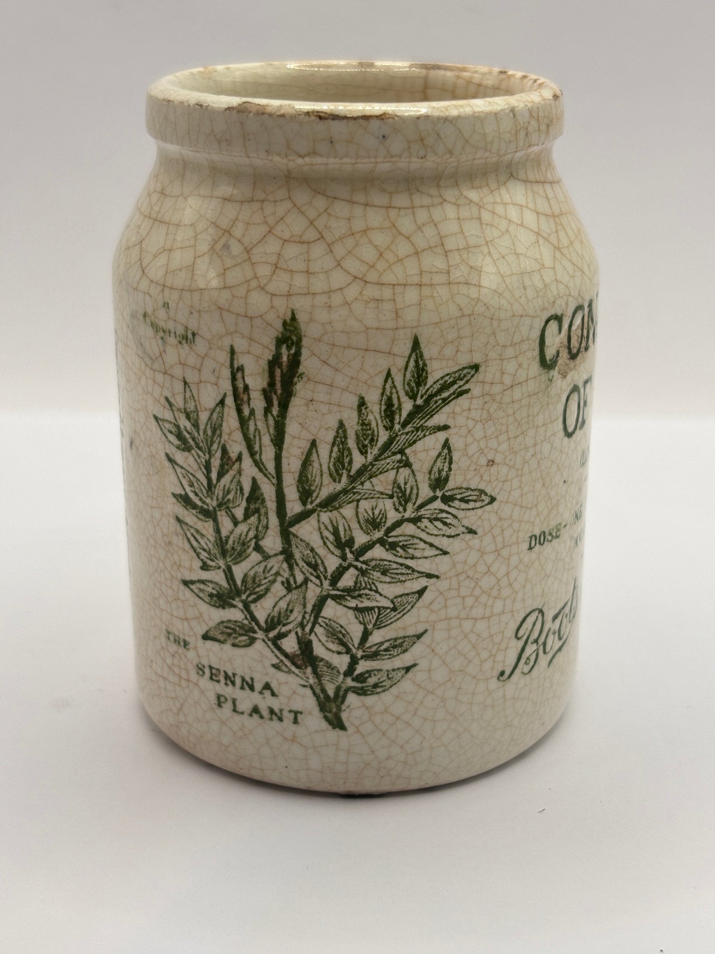 Old stoneware advertising jar, Boots confection of senna