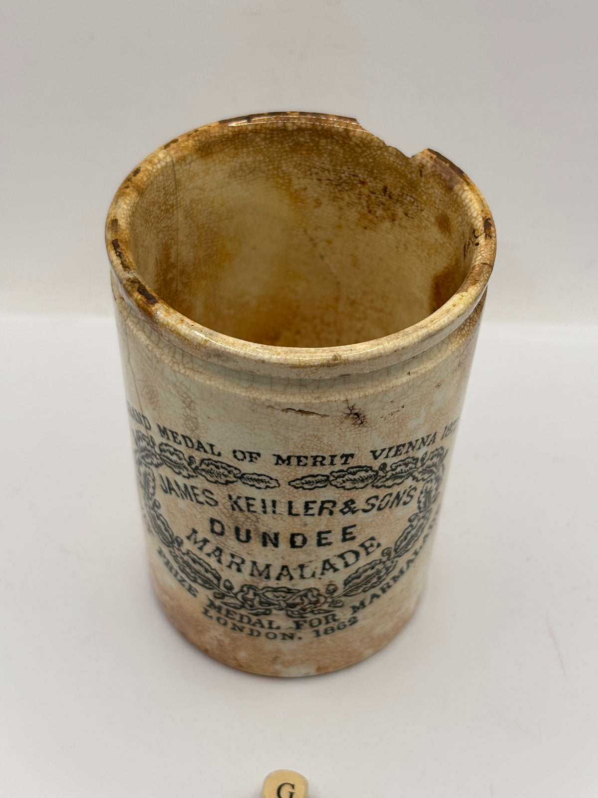 Old 1lb stoneware marmalade pot, James Keiller Dundee marmalade (G)