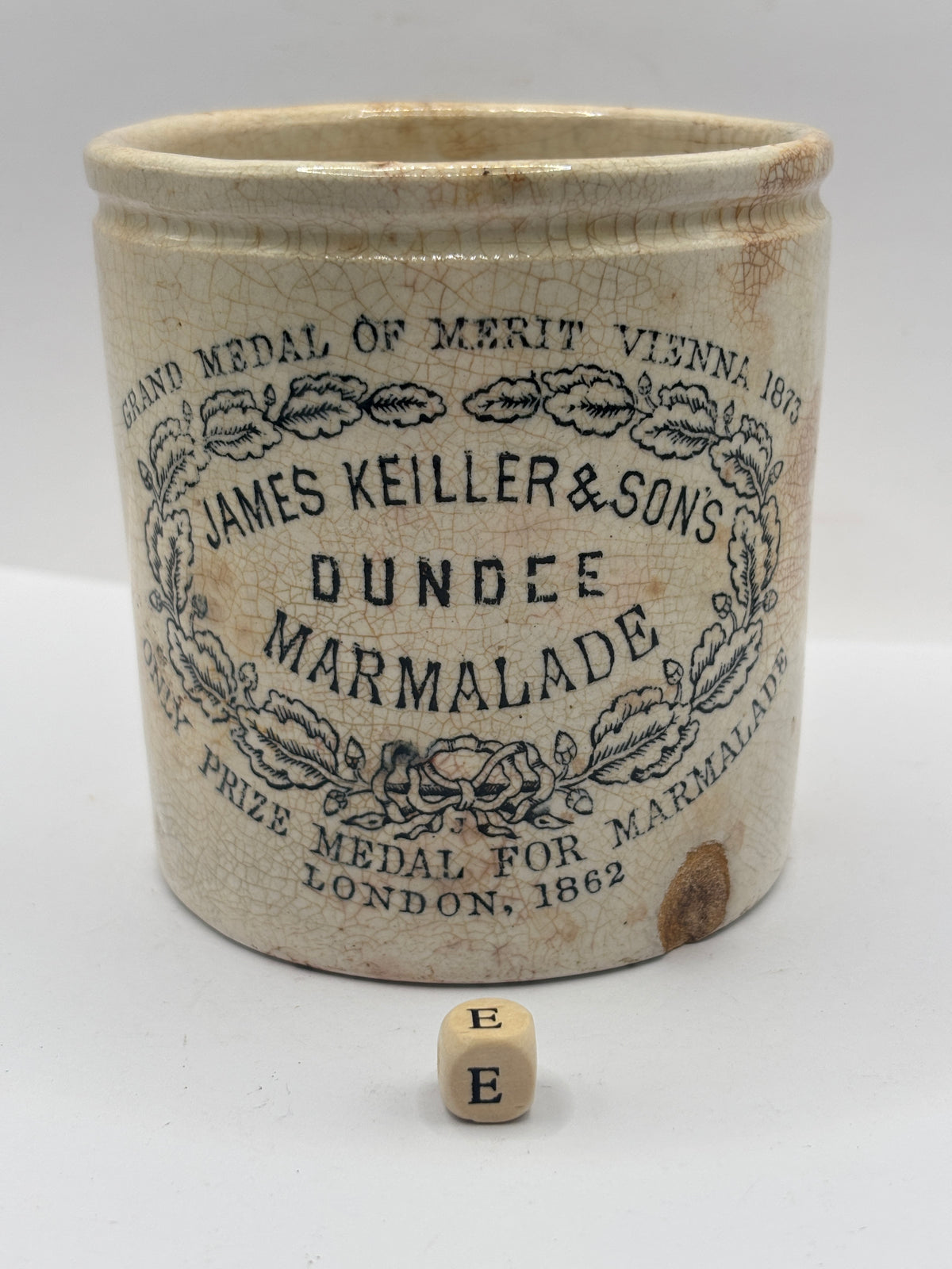 Old 1lb stoneware marmalade pot, James Keiller Dundee marmalade (e) chipped