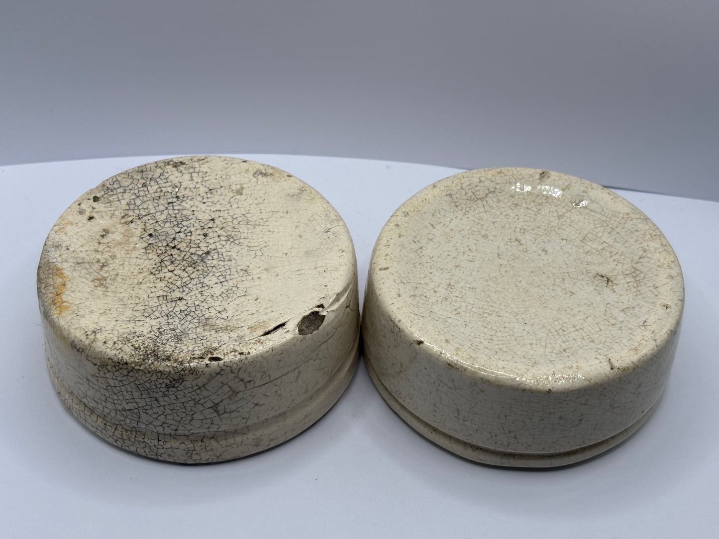 2 old stained & crazed meat paste pots