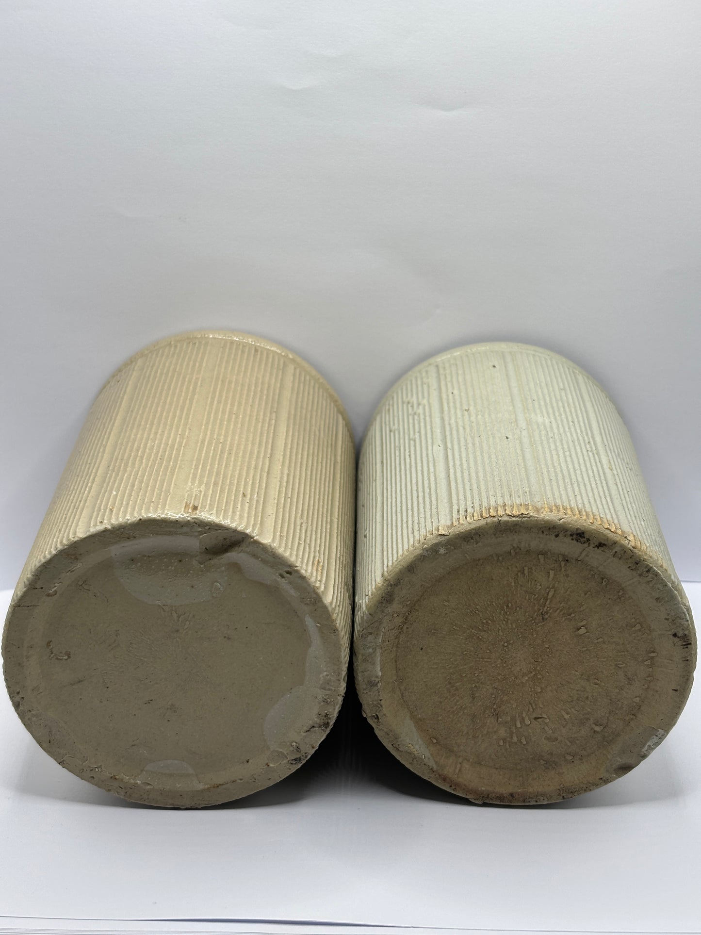 2 old ribbed stoneware jam pots, 2lb size